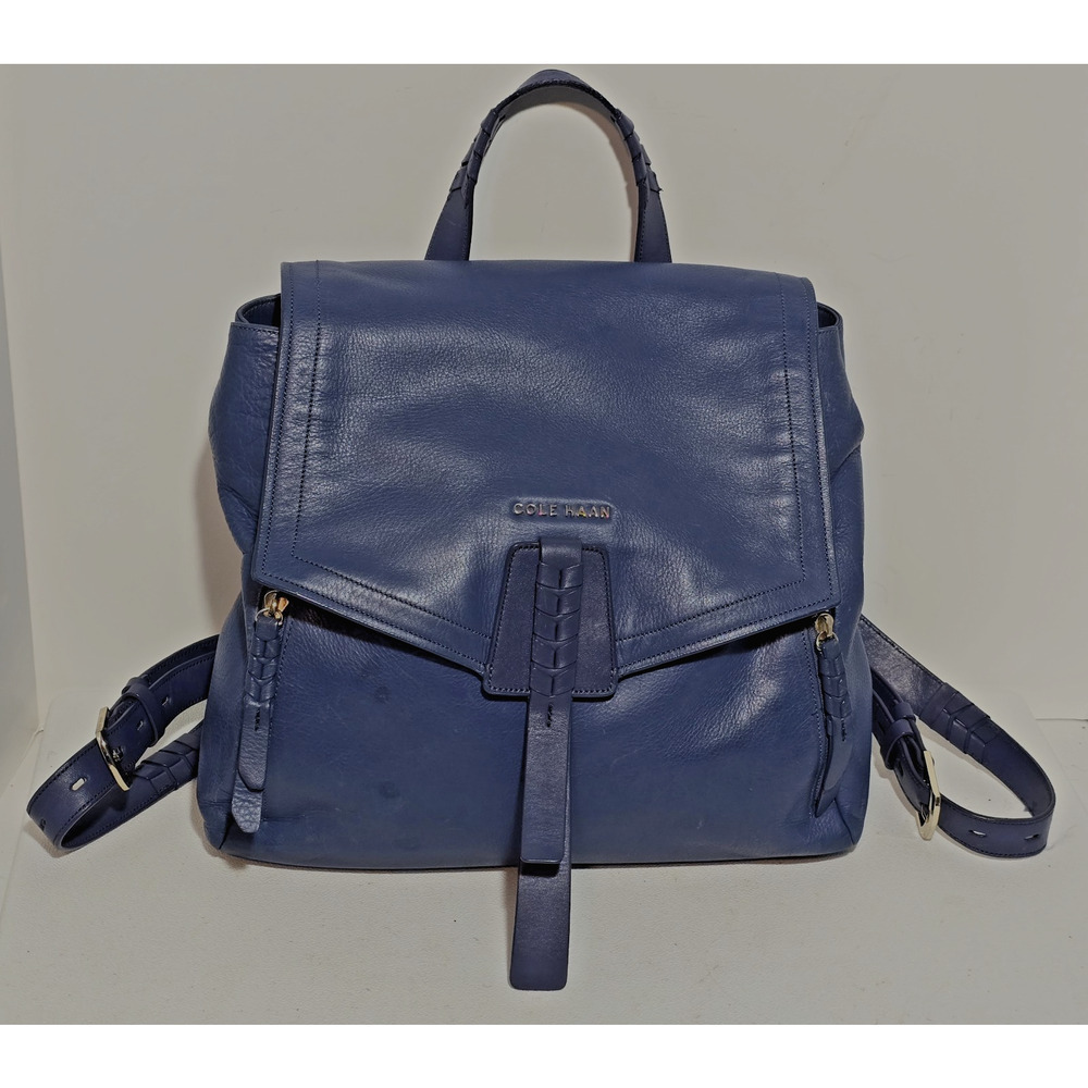 Cole Haan Felicity Pebbled Leather Backpack Multi Pocket & Woven Zip Detail Blue